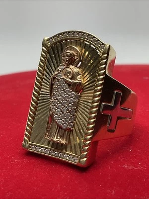 Anillo Sólido Oro Tricolor 14K Blanco Circonita cúbica San Judio y Cruz SELLO Religioso para Hombres Foto 1 de 4