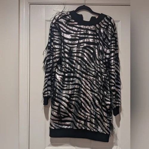 Abito maglione nuovo con etichette Michael Kors donna piccolo nero argento paillettes motivo zebra