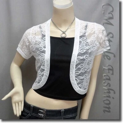 Elegante top corto bolero de encaje floral con apliques de lentejuelas blanco XS~S Foto 1 de 4