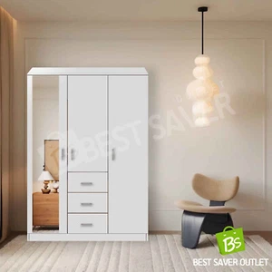 Wardrobe Cabinet 3 Doors 3 Drawers Clothes Storage Organiser Bedroom Cupboard - Picture 1 of 9