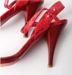 Prada Red Ankle Strap Crocodile Leather Heels Sandals Shoes 39 9 Made in Italy - Picture 1 of 15