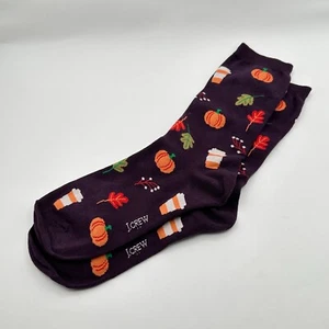 J.Crew Socks Purple PSL Pumpkin Coffee Leaf Cozy Seasonal Autumn Novelty - Picture 1 of 7