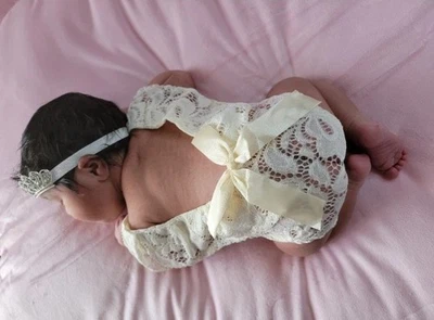 Newborn Infant Baby Lace Romper Set Outfit Costume Photography Photo Prop, Cream - Image 1 of 4