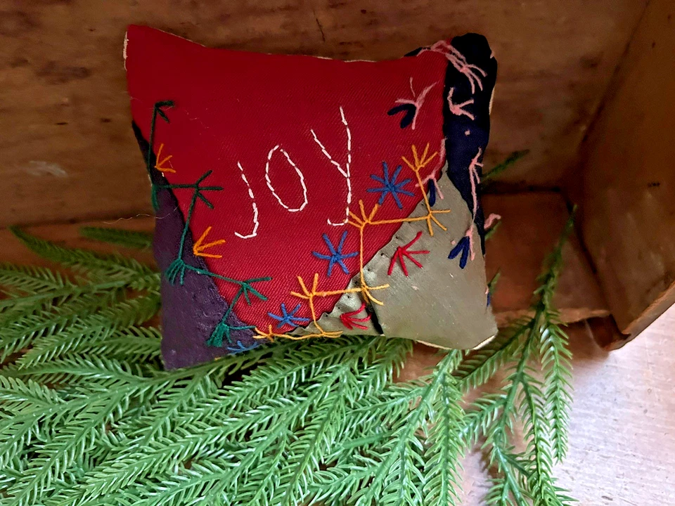 Primitive Stitchery  Antique Crazy Quilt Pillow Ornie  JOY Tuck Christmas - Image 1 of 1