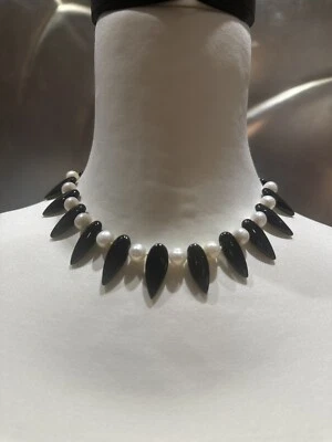 Handmade Necklace With Freshwater Pearls & Natural Onyx - Image 1 of 4