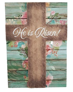 Er ist auferstanden Ostern Kreuz Schild Distressed bemalt Holz Blumen religiöse Plakette - Bild 1 von 10