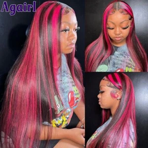Pink Highlight 5X5 Closure Human Hair Wigs Transparent Lace Front Wigs Brazilian - Imagen 1 de 13
