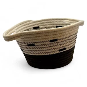 Cesta de almacenamiento de cuerda de algodón tejida con asas resistentes diseño en zigzag blanco y negro - Imagen 1 de 3