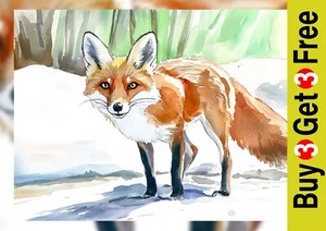 Winter Forest Fox Watercolor Painting 5"x7" Print on Matte Paper - Picture 1 of 17