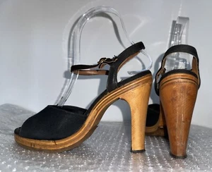 Vtg Size 6 6.5 Black 70s 80s Wood Heel Platform Disco Sandals Shoes Boho Hippie - Picture 1 of 5