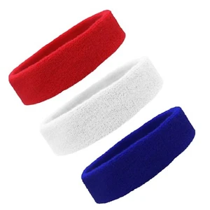 3 TERRY SWEATBAND Cotton Headbands Workout Sport EXERCISE SWEAT HEAD BANDS R W B - Picture 1 of 10