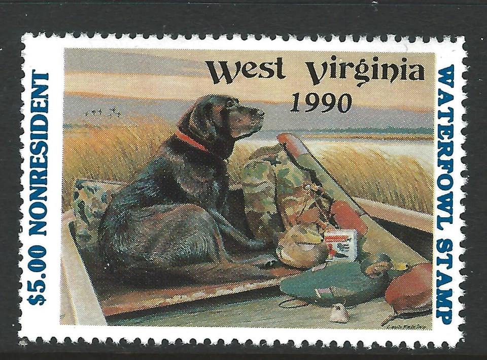 WV-8, 1990 West Virginia Non-Resident Duck Stamp, $5.00 Lab Retriever & Decoy - Image 1 of 1
