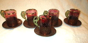 Vintage~French~Copper Art Nouveau~Cranberry Colored Tea Glass~Copper Saucers - Picture 1 of 19