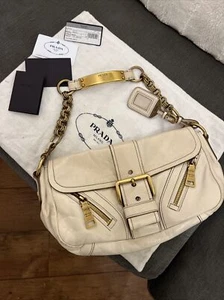 Prada Vitello Shine Moro chain shoulder bag brown calfskin leather bag Cream - Picture 1 of 12