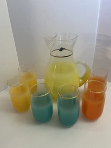 West Virginia Glass Co. Frosted Blendo Pitcher & 6 Glasses Multi W/ Gold Band - Picture 1 of 12