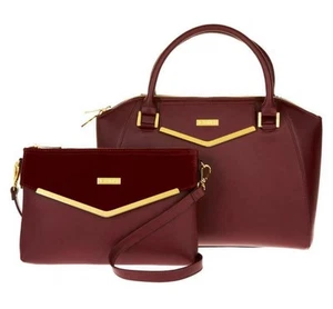 JOY & IMAN Couture Leather Satchel & Clutch Purse Bag W/Velvet Detail Cabernet - Picture 1 of 10
