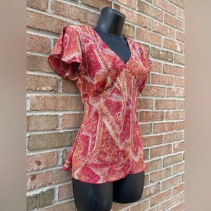 Vtg Y2K Babydoll empire-waist Paisley Peplum Top V-Neck Flutter Sleeve Sz XS/S - Picture 1 of 12