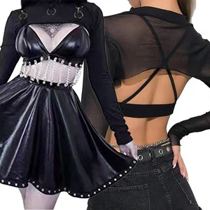 Sexy and Stylish Sheer Mesh Patchwork Crop Top for Women's Nightclub Attire - Picture 1 of 10