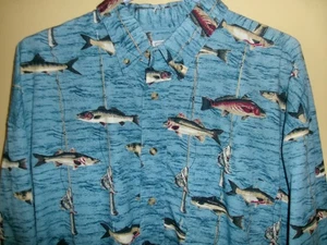 Men's Michael Austin Rugged Wear 2X Button Shirt Blue w Fish & Poles 32" Length - Picture 1 of 5