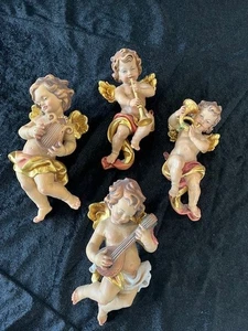 Antique 1900's Holzchnitzerel carved wood Archangels hand painted gold wings SET - Picture 1 of 16