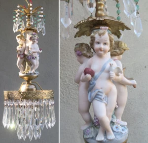 Lampadario uccellino cherubino porcellana vintage baldacchino plafoniera ottone tole cristallo - Foto 1 di 11