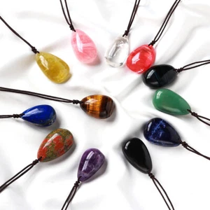 Natural Water Drop Oval Energy Healing Crystal Gemstone Pendant Necklace Jewelry - Picture 1 of 26
