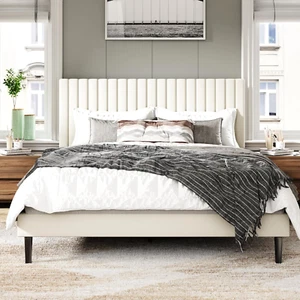 Full Size Bed Frame with Velvet Upholstered Headboard, Platform Bed with Strong - Picture 1 of 7
