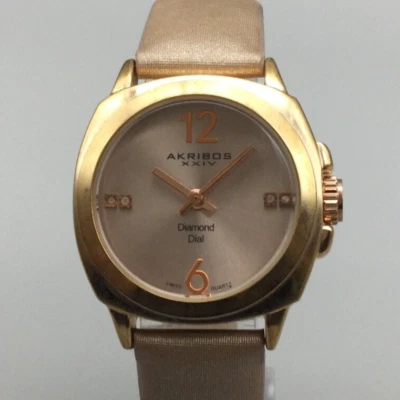 Akribos XXIV Watch Women Rose Gold Tone Diamond Dial Leather Band New Battery - Image 1 of 4