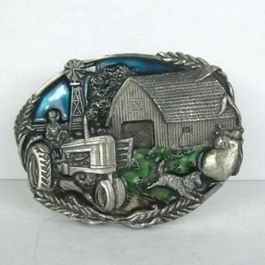 Bergamot Farm Belt Buckle USA 1981 Brass USA D-49 Size 3.2 inch Enamel Tractor - Picture 1 of 5