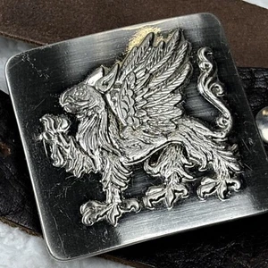 Silver Tone Scottish Griffin Buckle Peg Belt Brown Leather Large Ornate Vintage - Picture 1 of 24
