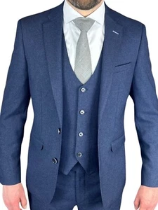 Mens Navy Blue Textured Suit Wedding Christening Interview Suit 2 Piece 3 Piece - Picture 1 of 4