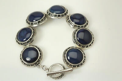 BARSE 925 Sterling Silver 8" Round Blue Stone Link Bracelet 52.3 Grams (BR4685) - Image 1 of 4