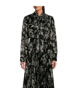 Abito midi nero multi floreale plissettato MIKAEL AGHAL taglia 14 prezzo al pubblico consigliato $920 - Foto 1 di 3