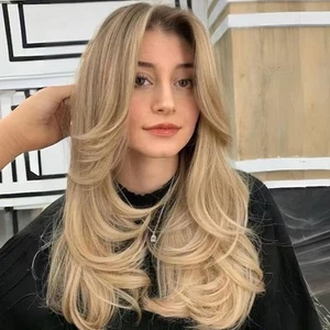 Golden Blonde Long Wavy Highlight Brown Layered Wig with Curtain Bangs for Bl... - Picture 1 of 7