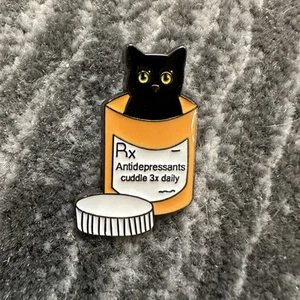Black Cat Enamel Pin Rx Bottle Kitten Antidepressants Cuddle Backpack Cat Lady - Picture 1 of 3