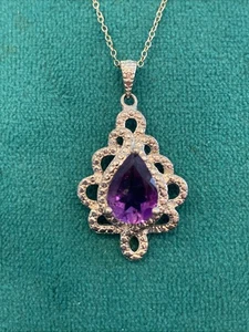 VTG Sterling Silver .925 Purple/Marcasite Pendant Necklace 18” - Picture 1 of 7