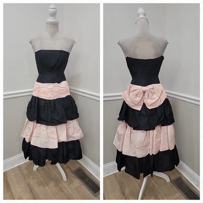 Gunne Sax by Jessica McClintock Vintage 1980’s Black Pink Tiered Gown With Bow  - Image 1 of 4