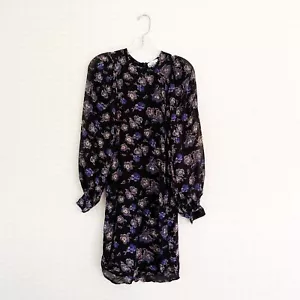 GANNI Georgette Minikleid schwarz lila Blumen Ballonärmel Frühling 2 US 34 EU - Bild 1 von 7