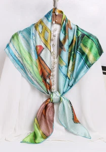 100% Silk mulberry 41" large Square Scarf Women Shawl Wrap green yellow MY177-10 - Picture 1 of 2