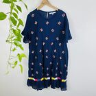 Adrift Size L 14 Dress Blue Shift Embroidered Short Sleeve Tiered Midi