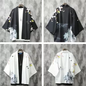 Cardigan kimono giapponese uomo donna Yukata Haori camicia stampata spiaggia manica 3/4 - Foto 1 di 11