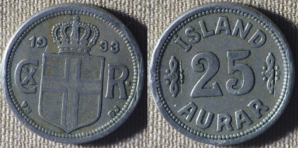 Iceland : 1933 25 Aur XF  #2.1  IR5654 - Image 1 of 1