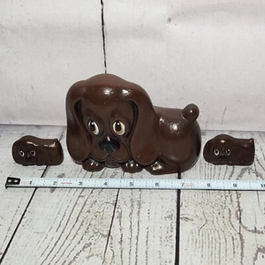 Ceramic Plaster Pottery Brown Mama Dog w/ Puppy Figurines 2 Puppies Blood Hound - Picture 1 of 9