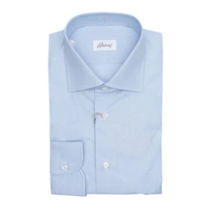 €849 NWB BRIONI Dress Shirt 46/ 18 Regular Fit Blue Micro B Solid Check logo - Picture 1 of 9