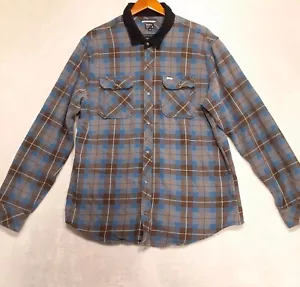 RVCA Winston LS Snap Button Flannel Shirt Sz.XL/Blue Brown Plaid/Elbow Patches - Picture 1 of 11