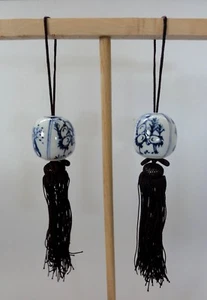 C#45 Par de Peso de Cerámica para Pergamino Colgante Japonés de Colección Fuchin/Blanco y Azul - Imagen 1 de 8