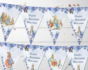 3m Personalised Blue Rabbit Bunting - Birthday, Christening, Baby Shower, Party - Picture 1 of 3