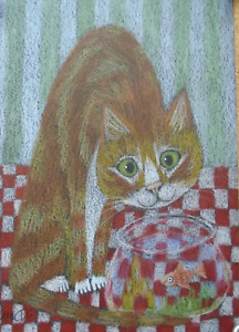 Orange Cats Ollietuxedo Handmade Original 5x7 ins Orange Tabby Cat & Goldfish