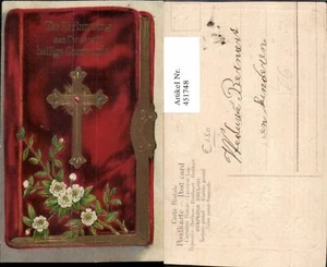 451748,Präge Künstler Litho Heilige Kommunion Bibel Kreuz Blumen - Bild 1 von 1