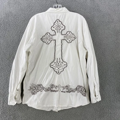 Brooklyn Xpress Shirt Mens XL White Cross Embroidered Button Front Cotton - Image 1 of 4